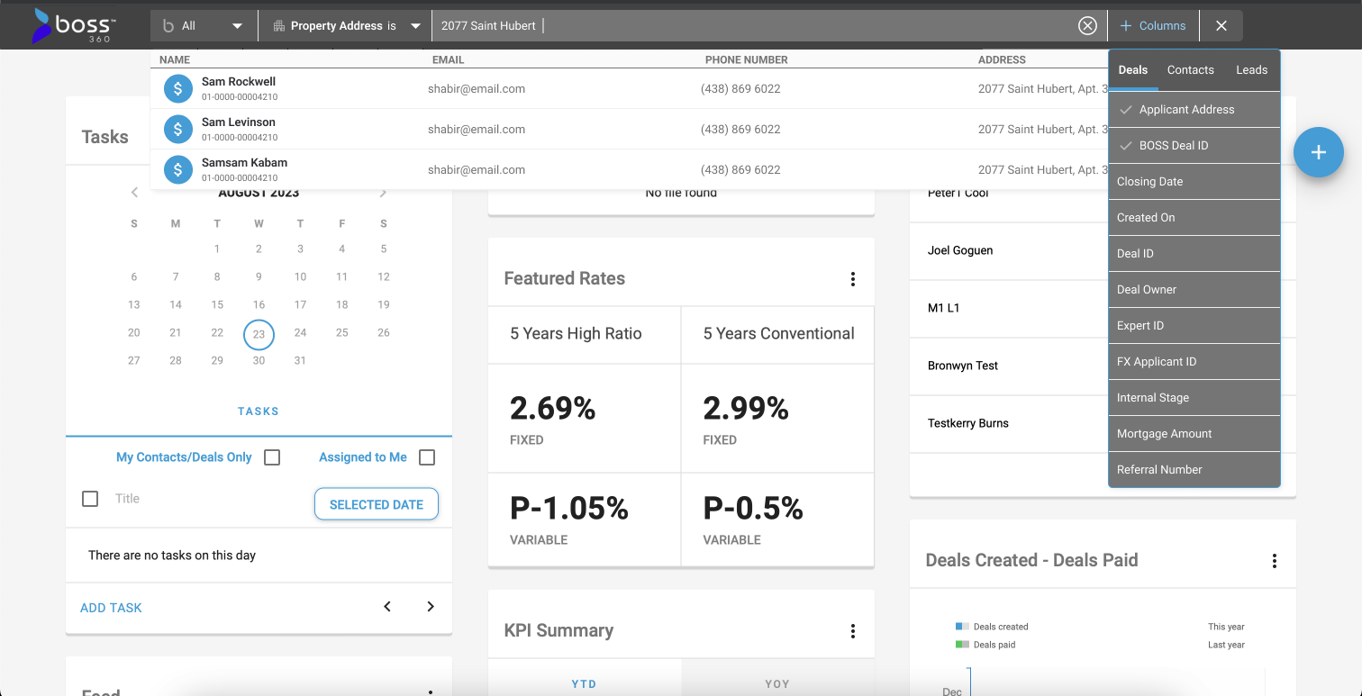 +Columns field picker — Deals/Contacts/Leads tabs with per-record-type fields